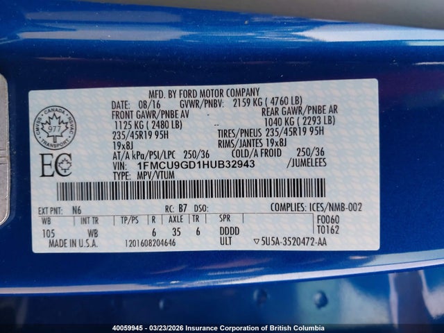 1FMCU9GD1HUB32943 Ford ESCAPE SE