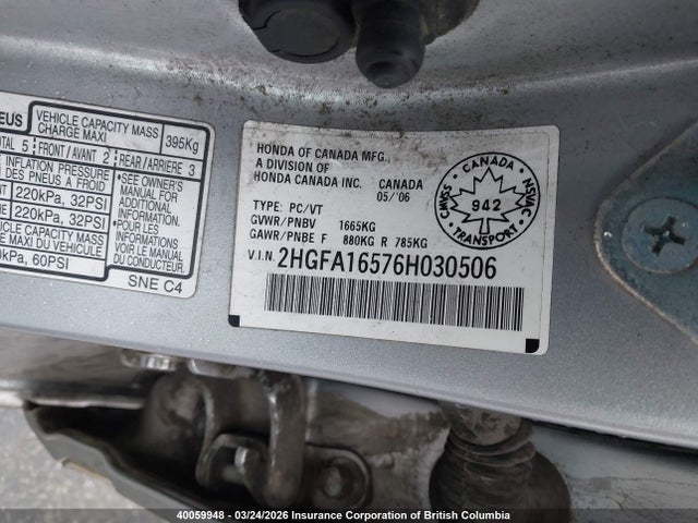 Продажа на аукционе авто 2006 Honda Civic, vin: 2HGFA16576H030506, номер лота: 40059948