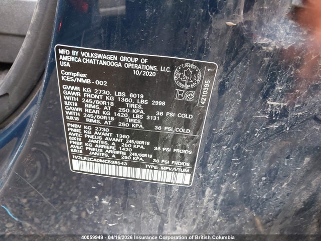 40059949 :رقم المزاد ، 1V2LR2CA0MC538543 vin ، 2021 Volkswagen Atlas مزاد بيع