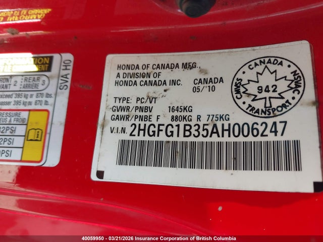Aukcja sprzedaży 2010 Honda Civic, vin: 2HGFG1B35AH006247, numer aukcji: 40059950