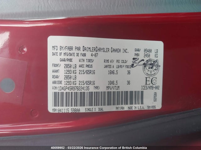 2007 Dodge Caravan Sxt მანქანა იყიდება აუქციონზე, vin: 1D4GP45R97B224135, აუქციონის ნომერი: 40059952