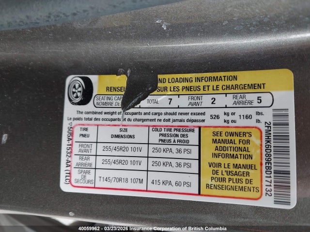 40059962 :رقم المزاد ، 2FMHK6D89EBD17132 vin ، 2014 Ford Flex مزاد بيع