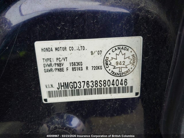 2008 Honda Fit მანქანა იყიდება აუქციონზე, vin: JHMGD37638S804046, აუქციონის ნომერი: 40059967