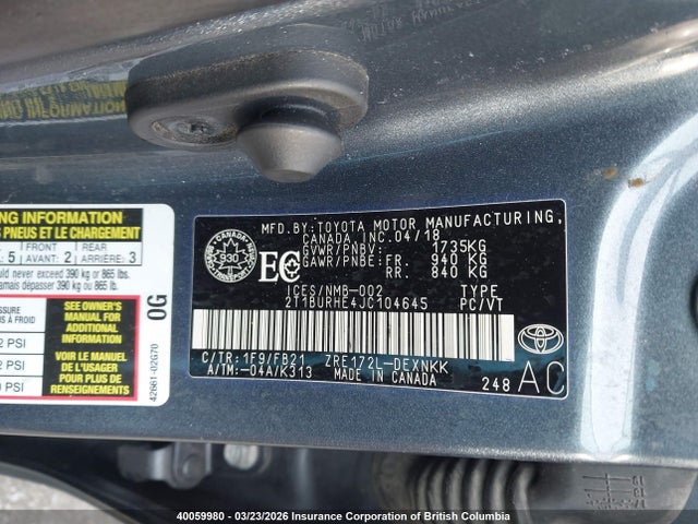 40059980 :رقم المزاد ، 2T1BURHE4JC104645 vin ، 2018 Toyota Corolla L/le/xle/se/xse مزاد بيع
