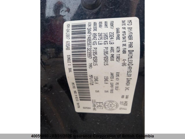 40059990 :رقم المزاد ، 3A4FY48B56T323997 vin ، 2006 Chrysler Pt Cruiser مزاد بيع