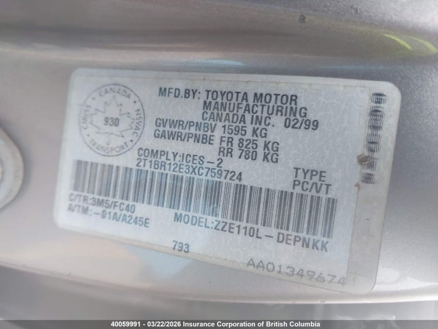 Aukcja sprzedaży 1999 Toyota Corolla Ve/ce/le, vin: 2T1BR12E3XC759724, numer aukcji: 40059991