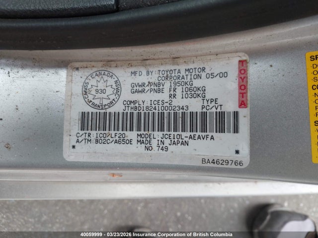 40059999 :رقم المزاد ، JTHBD182410002343 vin ، 2001 Lexus Is 300 300 مزاد بيع