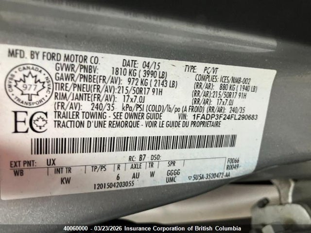 2015 Ford Focus მანქანა იყიდება აუქციონზე, vin: 1FADP3F24FL290683, აუქციონის ნომერი: 40060000