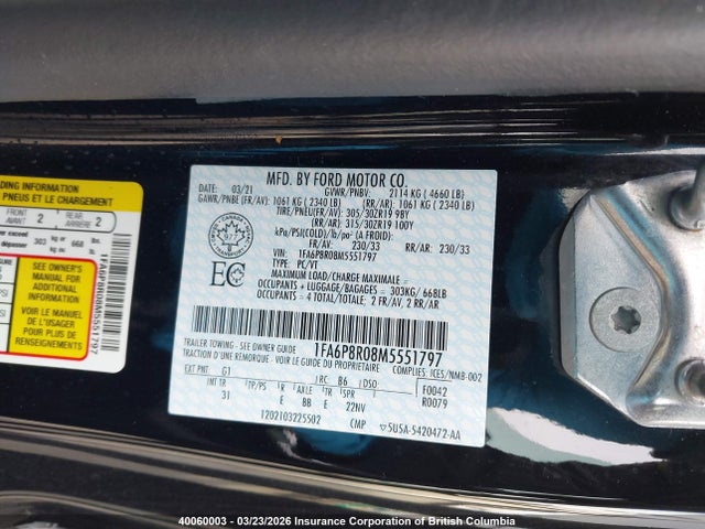 Продаж на аукціоні авто 2021 Ford Mustang Mach I, vin: 1FA6P8R08M5551797, номер лоту: 40060003