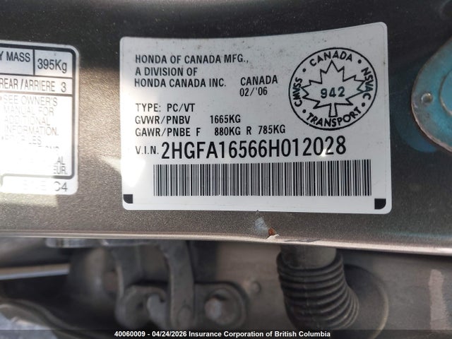 Aukcja sprzedaży 2006 Honda Civic, vin: 2HGFA16566H012028, numer aukcji: 40060009