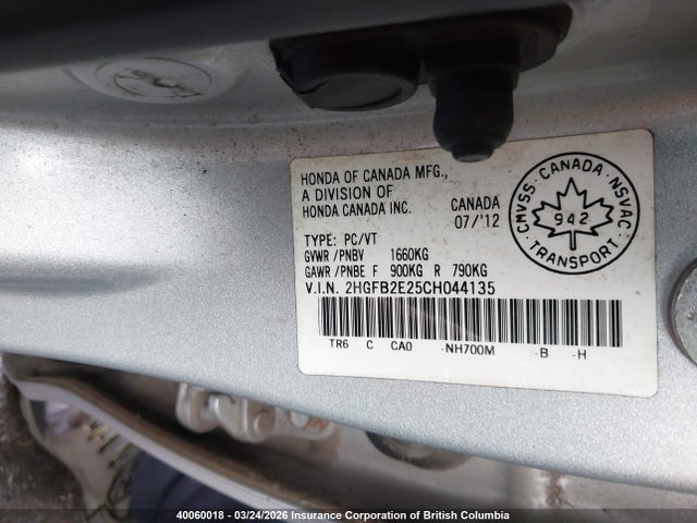 Продажа на аукционе авто 2012 Honda Civic, vin: 2HGFB2E25CH044135, номер лота: 40060018
