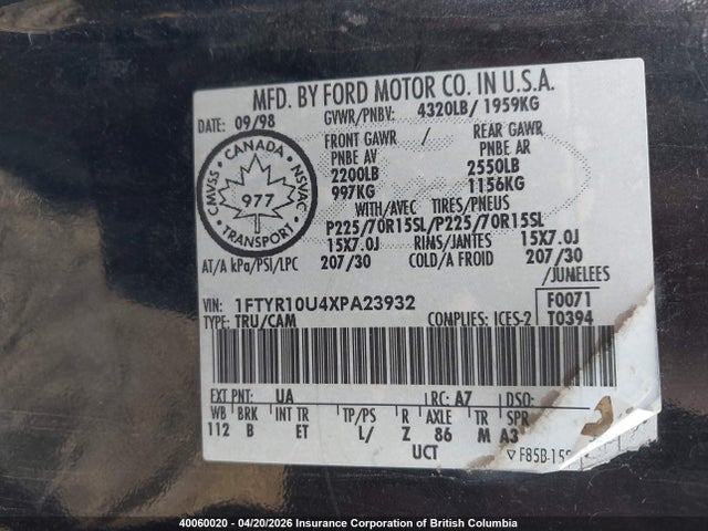 Продаж на аукціоні авто 1999 Ford Ranger, vin: 1FTYR10U4XPA23932, номер лоту: 40060020