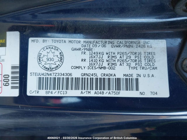 40060021 :رقم المزاد ، 5TEUU42N47Z334306 vin ، 2007 Toyota Tacoma Access Cab مزاد بيع