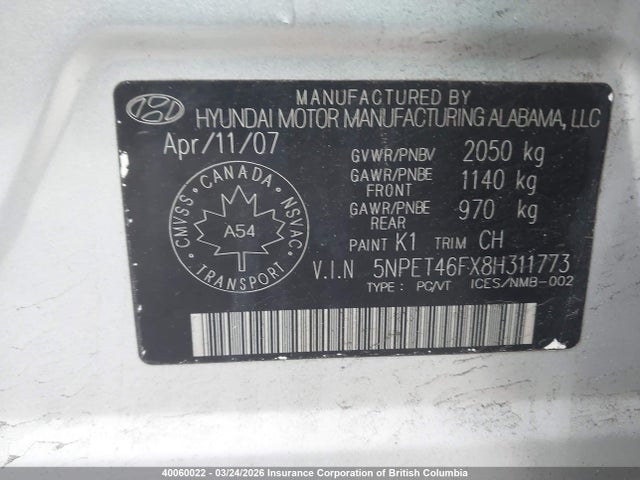 Продаж на аукціоні авто 2008 Hyundai Sonata Gls, vin: 5NPET46FX8H311773, номер лоту: 40060022