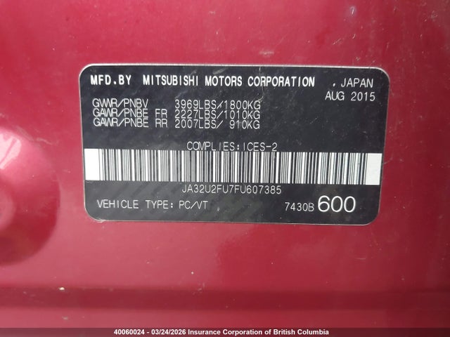 Продаж на аукціоні авто 2015 Mitsubishi Lancer Gt/se, vin: JA32U2FU7FU607385, номер лоту: 40060024