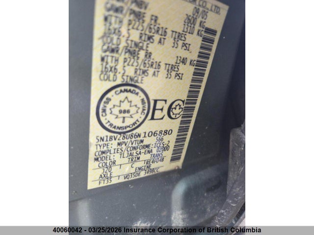 Продажа на аукционе авто 2006 Nissan Quest, vin: 5N1BV28U86N106880, номер лота: 40060042