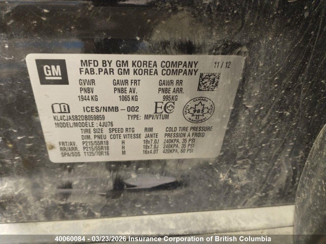 Aukcja sprzedaży 2013 Buick Encore, vin: KL4CJASB2DB059859, numer aukcji: 40060084