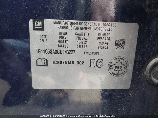 Aukcja sprzedaży 2016 Chevrolet Malibu Limited Lt, vin: 1G11C5SA3GU143227, numer aukcji: 40060099