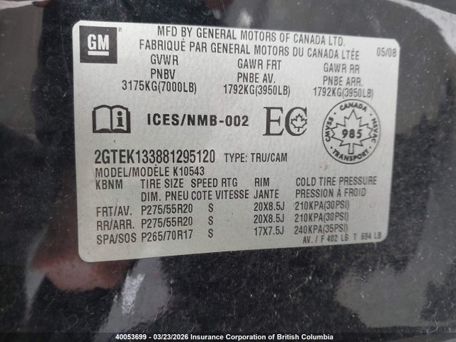 Продажа на аукционе авто 2008 Gmc Sierra K1500, vin: 2GTEK133881295120, номер лота: 40053699