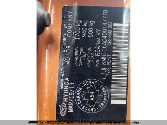 Aukcja sprzedaży 2013 Hyundai Veloster Tech, vin: KMHTC6AD4DU147778, numer aukcji: 40060157