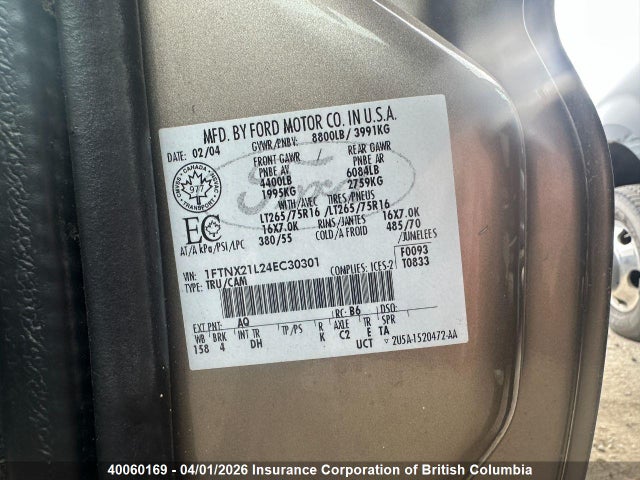 40060169 :رقم المزاد ، 1FTNX21L24EC30301 vin ، 2004 Ford F250 مزاد بيع