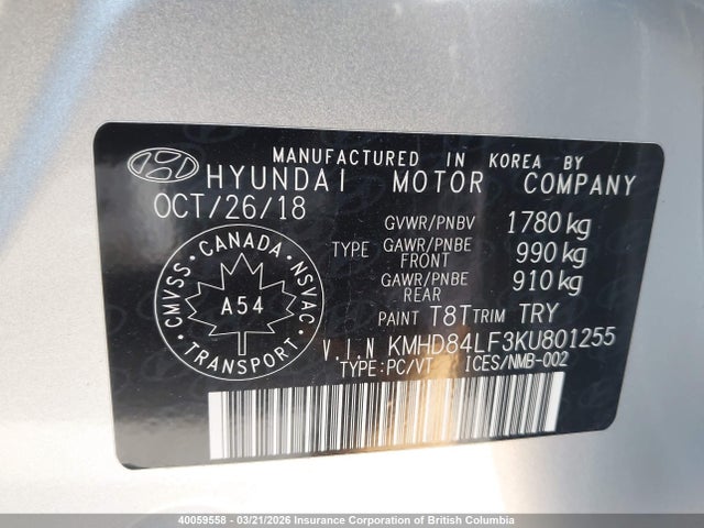 KMHD84LF3KU801255 Hyundai Elantra Sel/value/limited