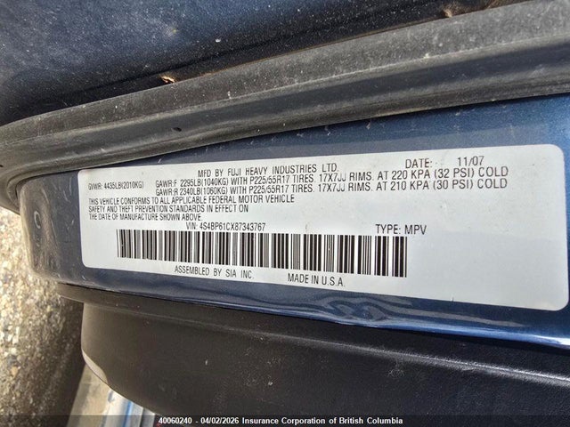 Aukcja sprzedaży 2008 Subaru Outback 2.5i, vin: 4S4BP61CX87343767, numer aukcji: 40060240