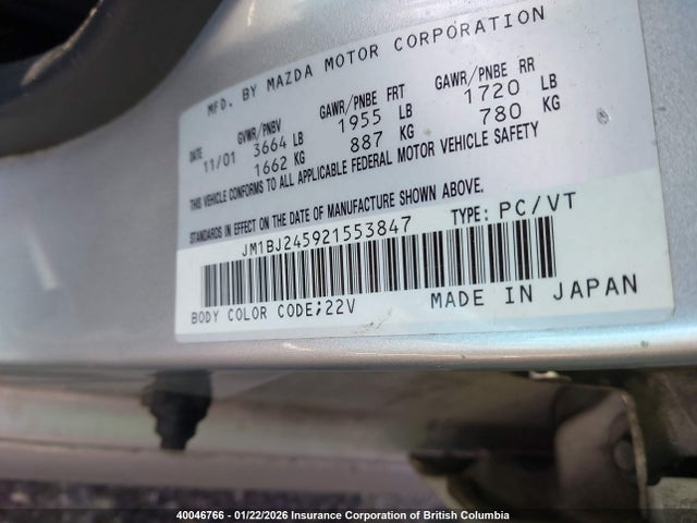 Aukcja sprzedaży 2002 Mazda Protege Pr5, vin: JM1BJ245921553847, numer aukcji: 40046766