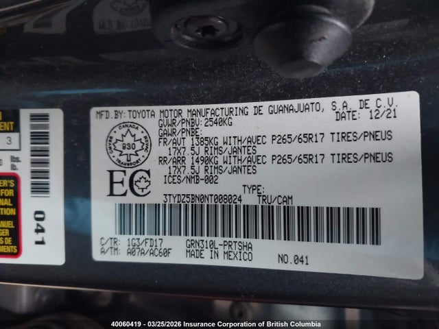 40060419 :رقم المزاد ، 3TYDZ5BN0NT008024 vin ، 2022 Toyota Tacoma مزاد بيع
