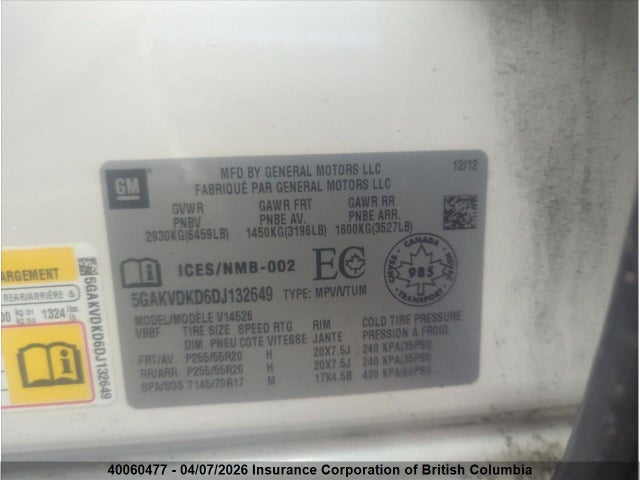 2013 Buick Enclave მანქანა იყიდება აუქციონზე, vin: 5GAKVDKD6DJ132649, აუქციონის ნომერი: 40060477
