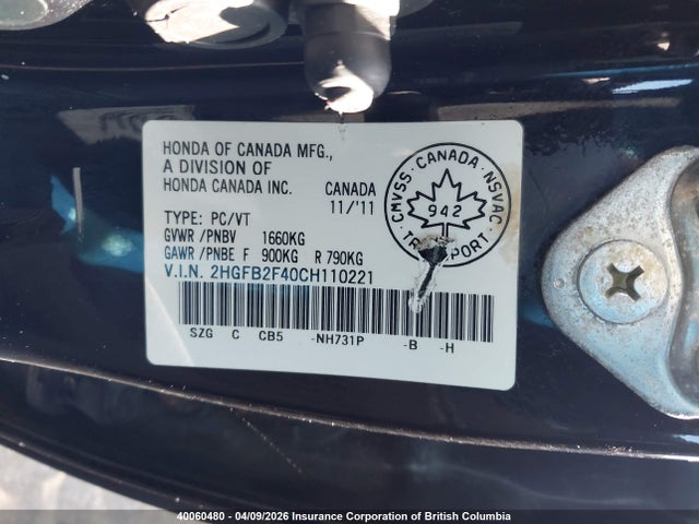 Aukcja sprzedaży 2012 Honda Civic, vin: 2HGFB2F40CH110221, numer aukcji: 40060480