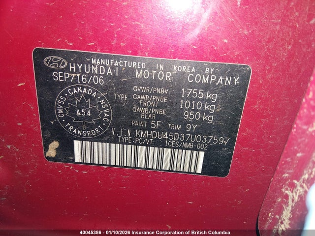 Продаж на аукціоні авто 2007 Hyundai Elantra Gl/gls, vin: KMHDU45D37U037597, номер лоту: 40045386