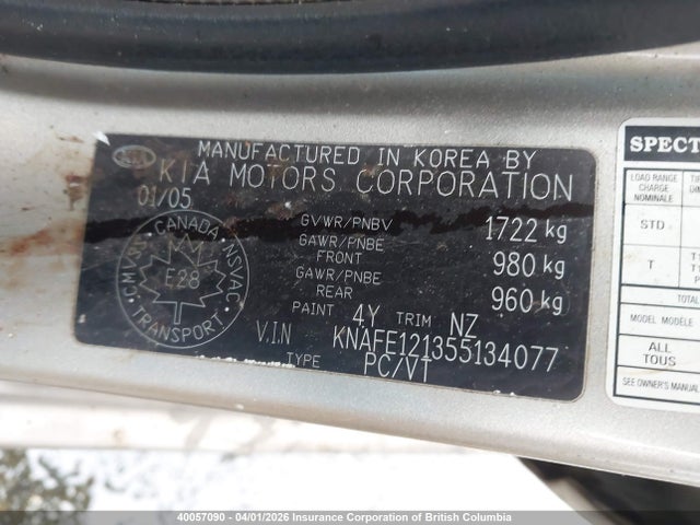 40057090 :رقم المزاد ، KNAFE121355134077 vin ، 2005 Kia Spectra Lx/ex مزاد بيع