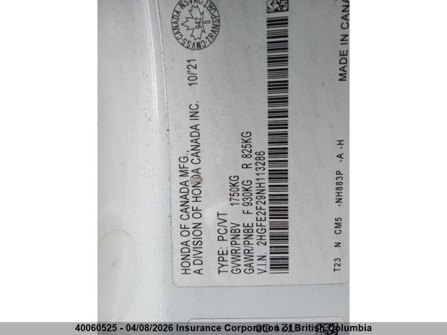 Aukcja sprzedaży 2022 Honda Civic, vin: 2HGFE2F29NH113286, numer aukcji: 40060525