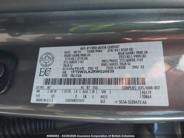 40060552 :رقم المزاد ، 1FTVW3LK2RWG26839 vin ، 2024 Ford F150 مزاد بيع