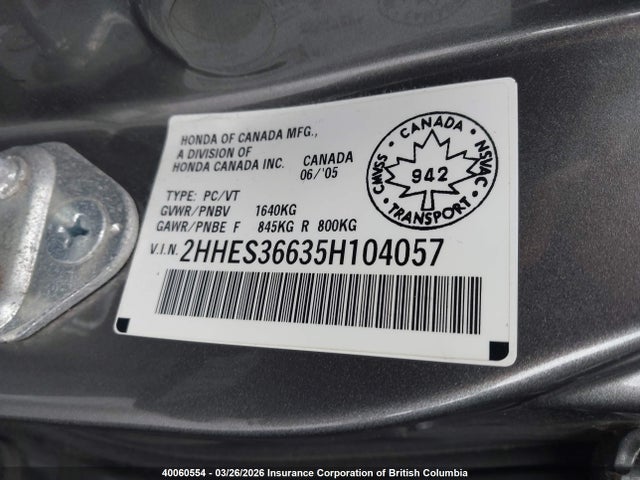 Продаж на аукціоні авто 2005 Acura El, vin: 2HHES36635H104057, номер лоту: 40060554