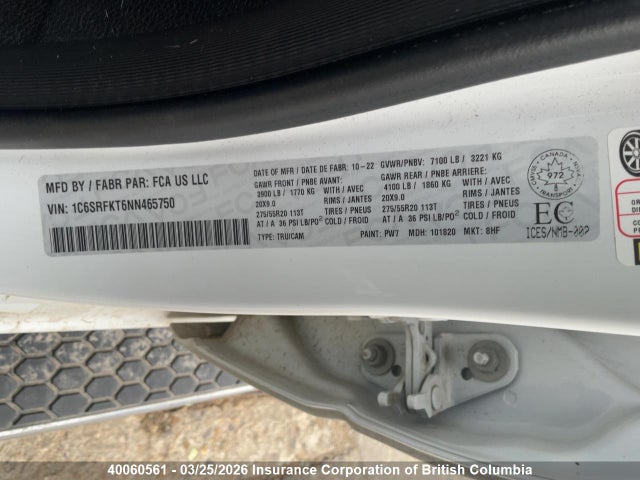 40060561 :رقم المزاد ، 1C6SRFKT6NN465750 vin ، 2022 Ram 1500 Limited Longhorn مزاد بيع