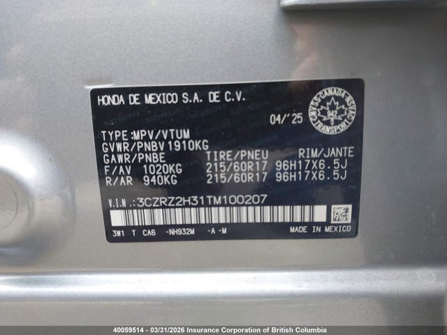 3CZRZ2H31TM100207 Honda HR-V LX