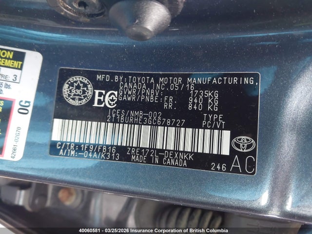 2T1BURHE3GC678727 Toyota Corolla L/le/le Pls/prm/s/s Pls