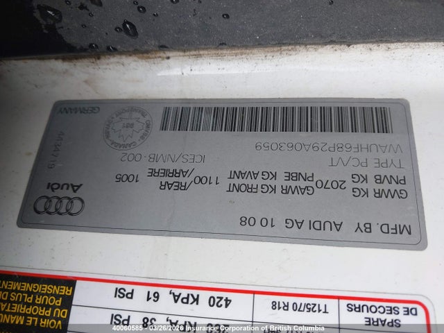 Aukcja sprzedaży 2009 Audi A3, vin: WAUHF68P29A063059, numer aukcji: 40060585