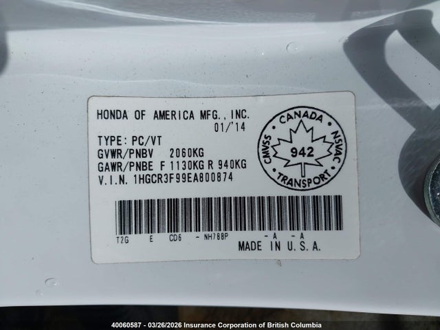 Aukcja sprzedaży 2014 Honda Accord Touring, vin: 1HGCR3F99EA800874, numer aukcji: 40060587