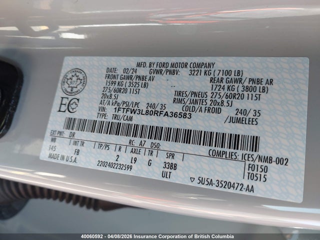 2024 Ford F150 მანქანა იყიდება აუქციონზე, vin: 1FTFW3L80RFA36583, აუქციონის ნომერი: 40060592