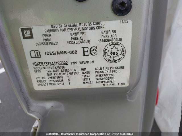 Aukcja sprzedaży 2004 Gmc Yukon, vin: 1GKEK13T54J180592, numer aukcji: 40060594