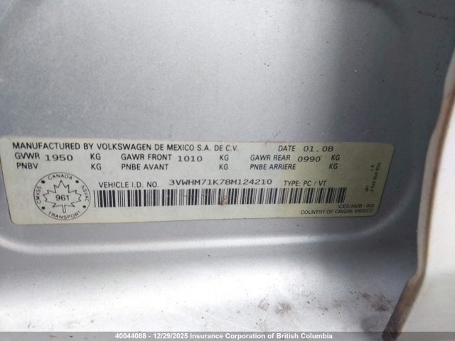 40044088 :رقم المزاد ، 3VWHM71K78M124210 vin ، 2008 Volkswagen Jetta S مزاد بيع