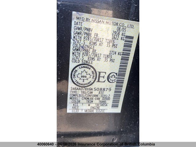 40060640 :رقم المزاد ، 1N6AA07BX6N508879 vin ، 2006 Nissan Titan مزاد بيع