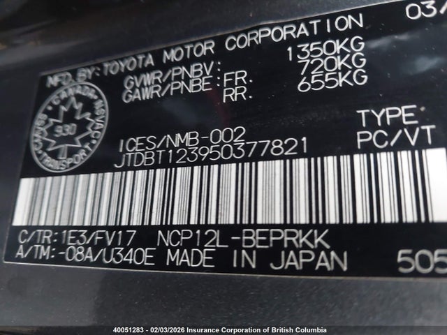 40051283 :رقم المزاد ، JTDBT123950377821 vin ، 2005 Toyota Echo مزاد بيع