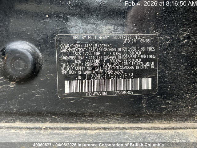 40060677 :رقم المزاد ، JF2SH62679G727678 vin ، 2009 Subaru Forester Xs مزاد بيع