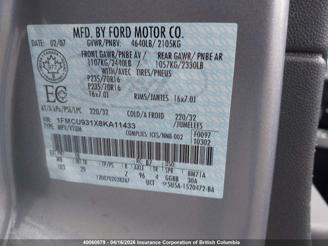 Продаж на аукціоні авто 2008 Ford Escape Xlt, vin: 1FMCU931X8KA11433, номер лоту: 40060679