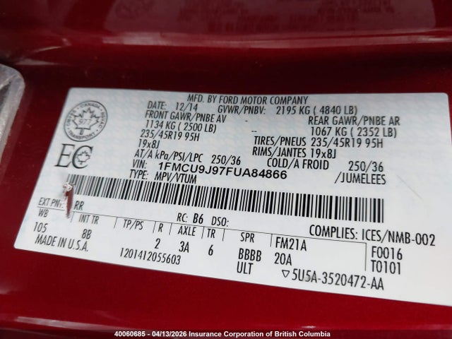 2015 Ford Escape Titanium მანქანა იყიდება აუქციონზე, vin: 1FMCU9J97FUA84866, აუქციონის ნომერი: 40060685