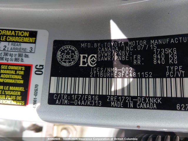 Aukcja sprzedaży 2015 Toyota Corolla L/le/le Pls/prm/s/s Pls, vin: 2T1BURHE3FC481152, numer aukcji: 40060686